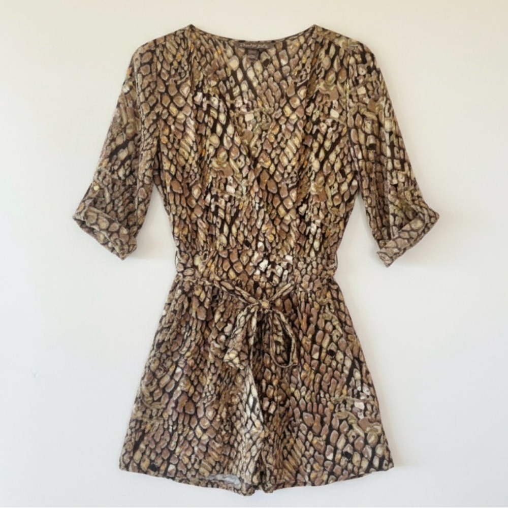 Charlie Jade Silk Romper Womens XS – Abstract Animal Print Jumpsuit Brown Tan